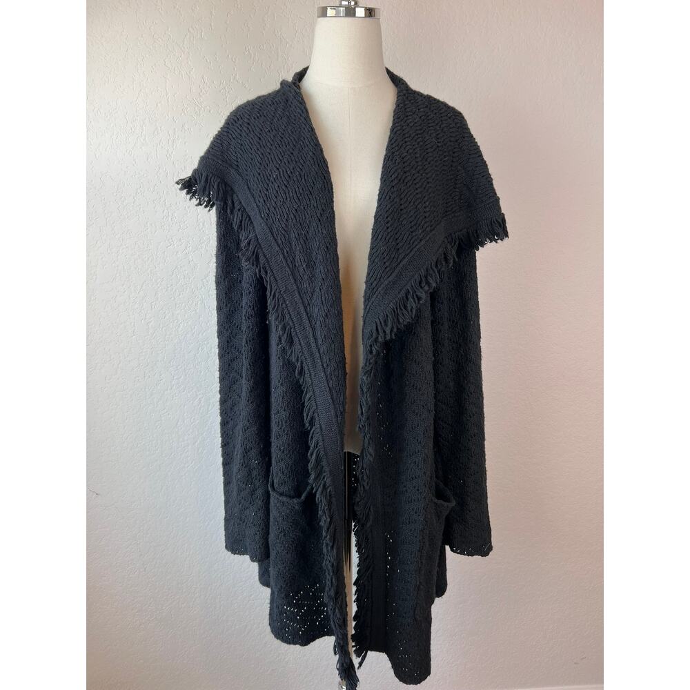 Bob Timberlake Black Fringe Open Front Cardigan Sweater size XL Wool